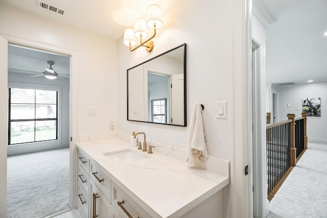 bathroom with visible vents, recessed lighting, vanity, and ceiling fan