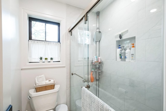 bathroom with toilet and a shower stall