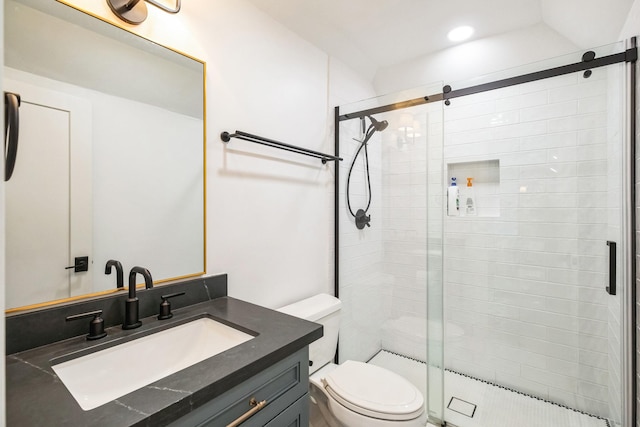 full bathroom featuring vanity, toilet, and a shower stall