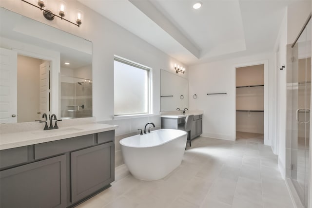 full bathroom with a shower stall, a tray ceiling, two vanities, a freestanding tub, and a sink