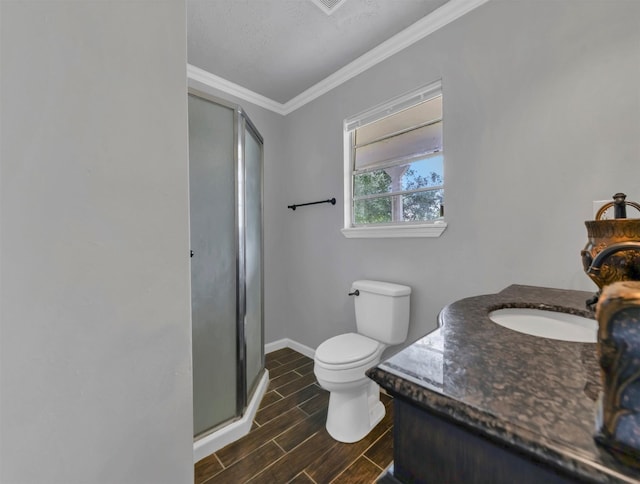 full bathroom featuring toilet, a stall shower, ornamental molding, baseboards, and wood tiled floor