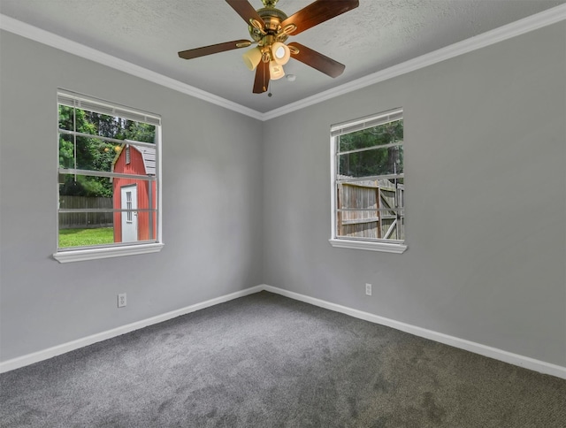 spare room with a wealth of natural light, baseboards, carpet floors, and crown molding