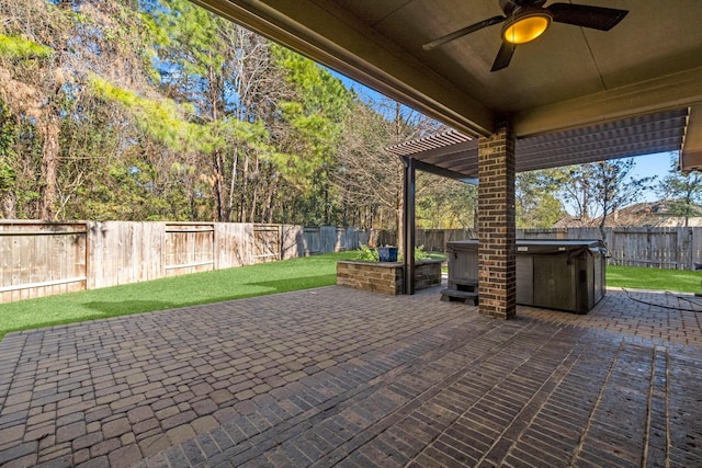 view of patio featuring a ceiling fan and a fenced backyard