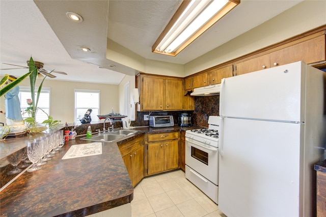 kitchen with brown cabinets, a sink, under cabinet range hood, dark countertops, and white appliances