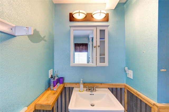 bathroom with a textured wall and a sink