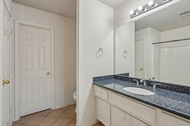 full bathroom with tile patterned flooring, toilet, vanity, and visible vents