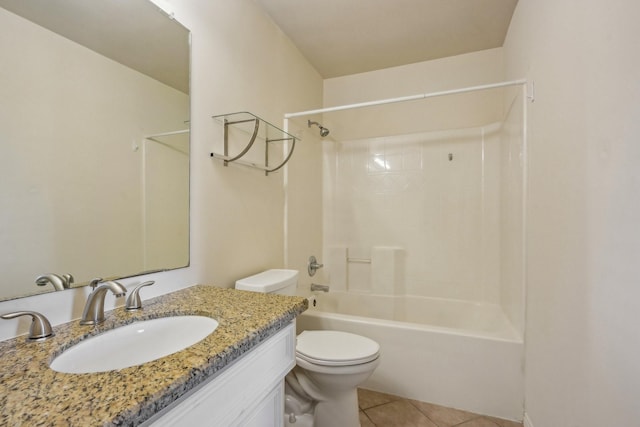 bathroom with tile patterned flooring, toilet, vanity, and shower / bathtub combination