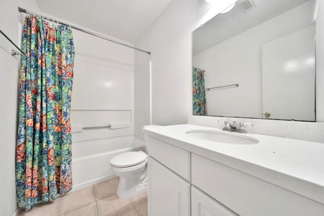 full bath featuring visible vents, toilet, tile patterned floors, shower / bath combination with curtain, and vanity