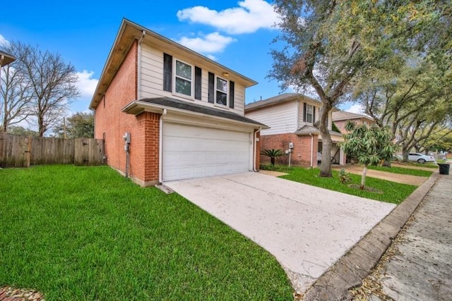 traditional-style house with fence, concrete driveway, a front yard, a garage, and brick siding