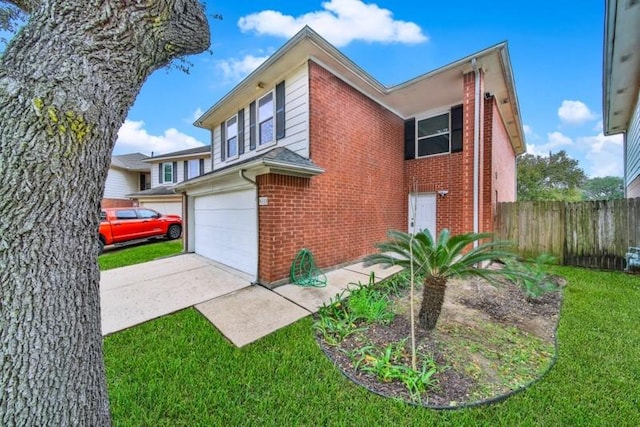 view of front of home with brick siding, an attached garage, driveway, and fence