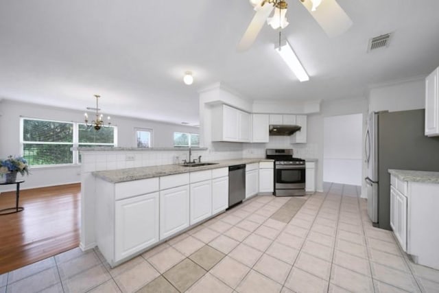 kitchen with visible vents, under cabinet range hood, a peninsula, stainless steel appliances, and a sink