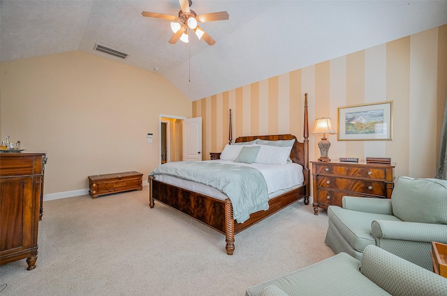 bedroom featuring visible vents, wallpapered walls, baseboards, carpet, and vaulted ceiling