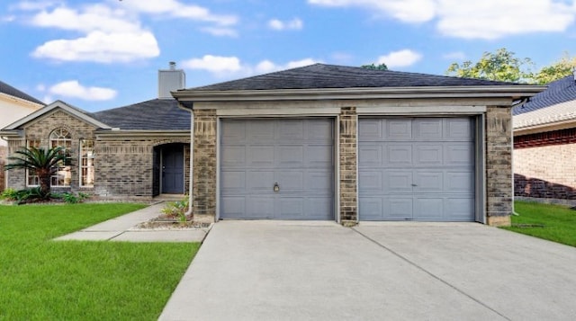 single story home featuring a chimney, concrete driveway, a front lawn, a garage, and brick siding