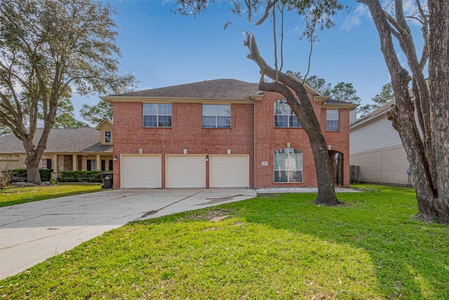 view of front of property with driveway, brick siding, an attached garage, and a front lawn