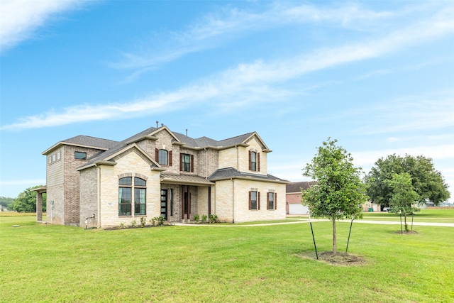 french country home featuring a front lawn, brick siding, and a shingled roof