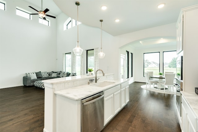 kitchen with a healthy amount of sunlight, dark wood-type flooring, stainless steel dishwasher, arched walkways, and a sink