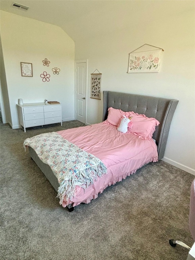 carpeted bedroom featuring visible vents, baseboards, and lofted ceiling