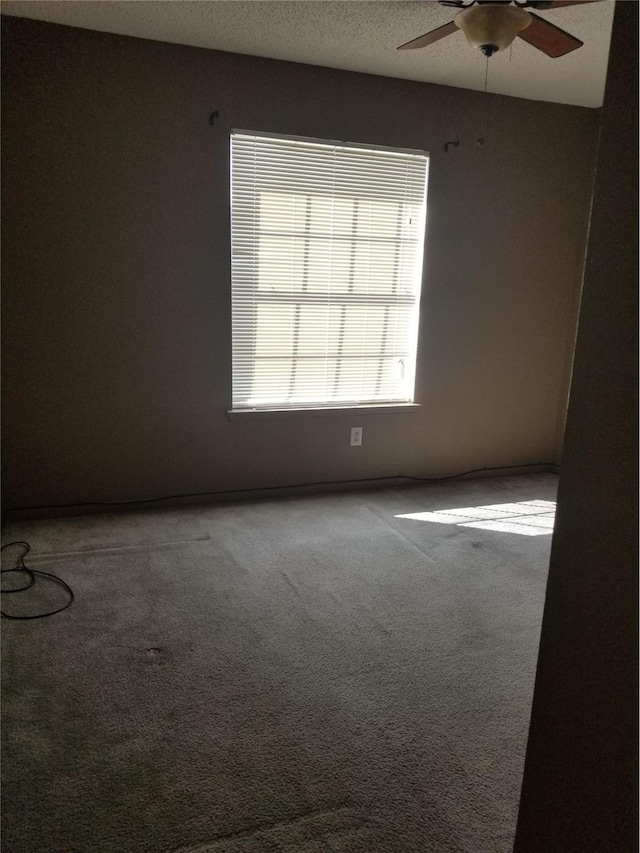 unfurnished room featuring a textured ceiling, a ceiling fan, and carpet