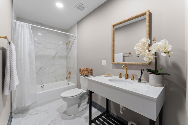 full bathroom with visible vents, toilet, shower / tub combo with curtain, marble finish floor, and a sink