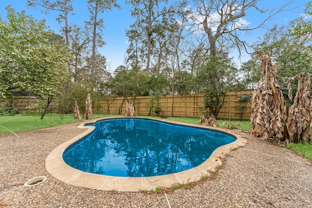 view of pool featuring a fenced backyard, a fenced in pool, and a lawn