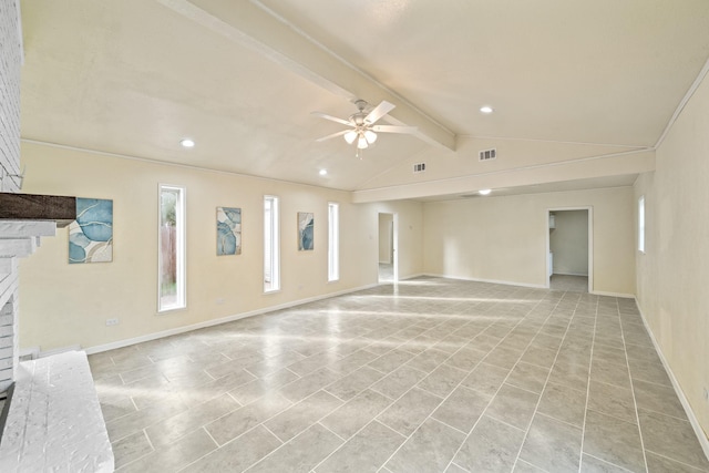 unfurnished living room featuring visible vents, a brick fireplace, lofted ceiling with beams, and ceiling fan