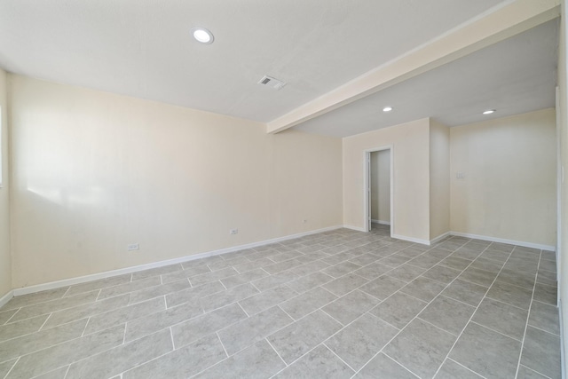 spare room with beam ceiling, recessed lighting, visible vents, and baseboards