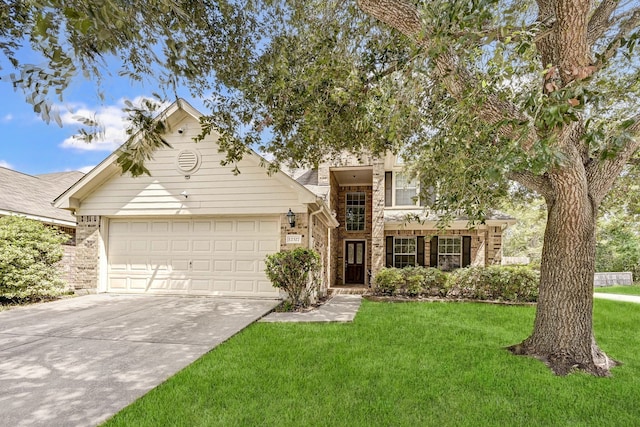 view of front of house featuring a front lawn, driveway, stone siding, a garage, and brick siding