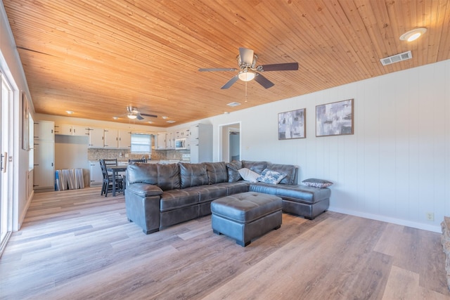 living area featuring wooden ceiling, light wood-style flooring, visible vents, and ceiling fan