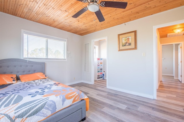 bedroom with ceiling fan, wood ceiling, light wood-type flooring, and baseboards