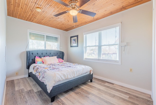 bedroom with wood finished floors, baseboards, multiple windows, and wooden ceiling