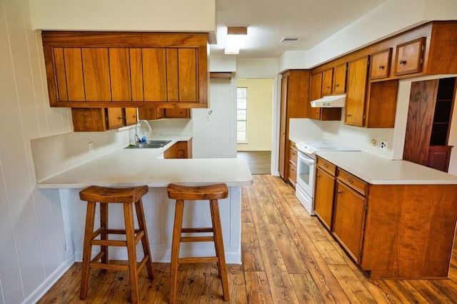 kitchen featuring under cabinet range hood, light countertops, a peninsula, white range with electric stovetop, and a sink