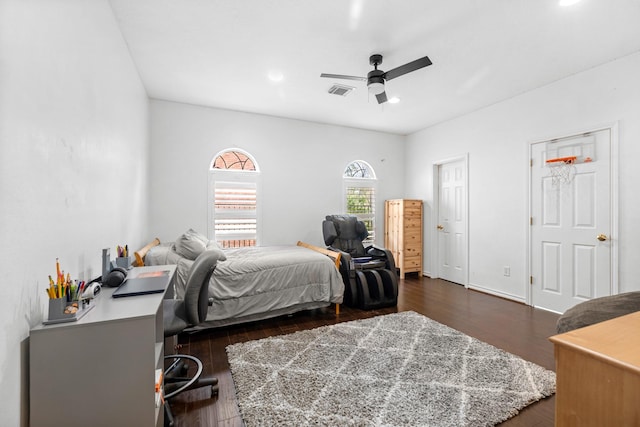 bedroom featuring visible vents, recessed lighting, and dark wood-style flooring