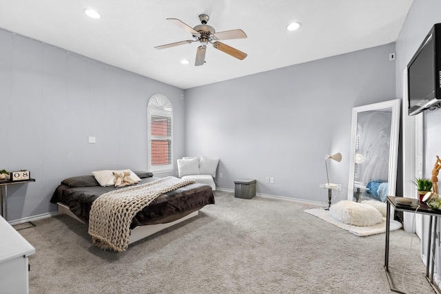 bedroom featuring recessed lighting, carpet floors, baseboards, and ceiling fan