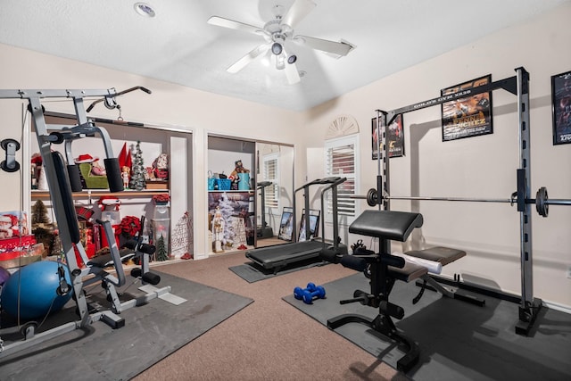 exercise room featuring a ceiling fan and carpet flooring