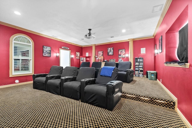 cinema featuring recessed lighting, carpet floors, ornate columns, and ornamental molding