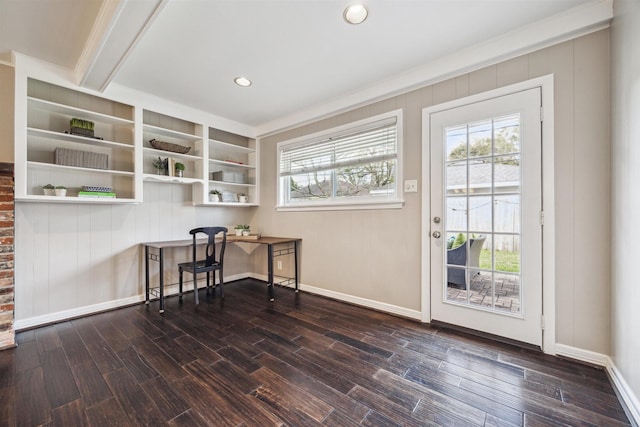 office space featuring recessed lighting, beamed ceiling, baseboards, and wood finished floors