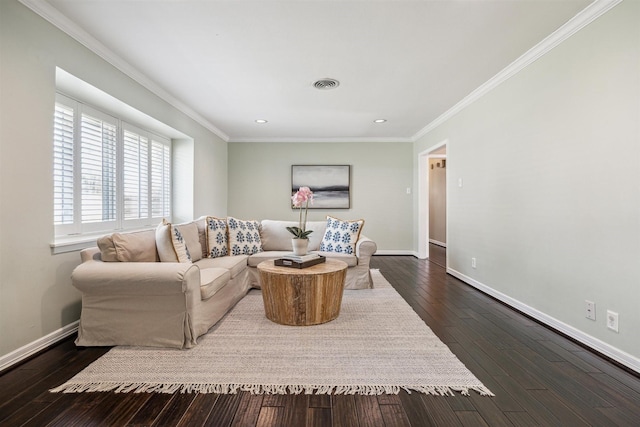 living room with visible vents, baseboards, dark wood-style flooring, and crown molding