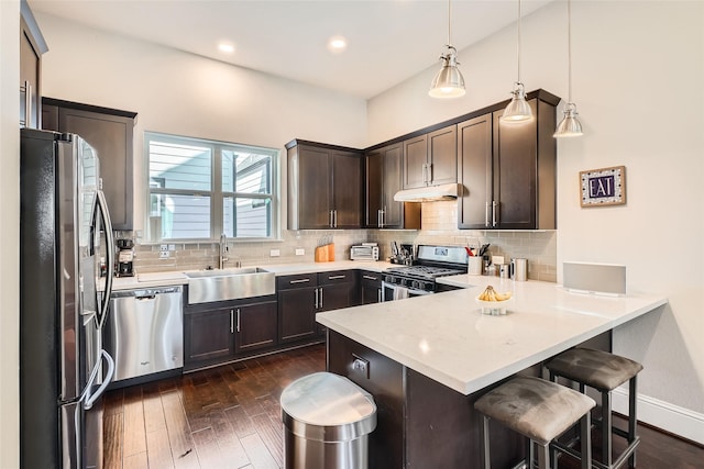 kitchen featuring dark brown cabinets, under cabinet range hood, appliances with stainless steel finishes, a peninsula, and a sink