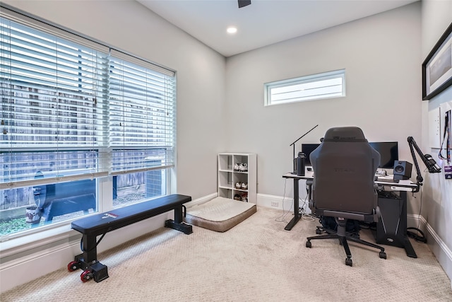 carpeted home office with recessed lighting and baseboards