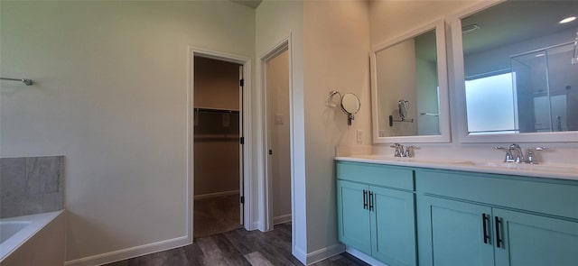 bathroom featuring wood finished floors, double vanity, a sink, a walk in closet, and a bath