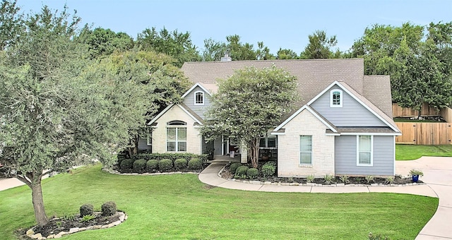 view of front facade with stone siding, roof with shingles, a front lawn, and fence