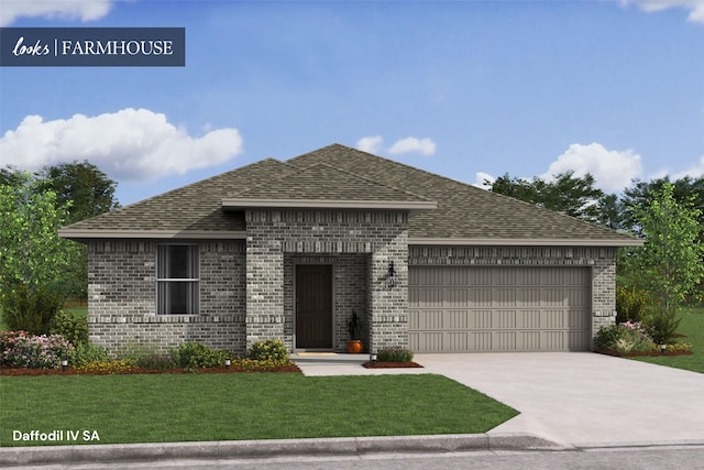 view of front of home with brick siding, driveway, a front lawn, and a garage