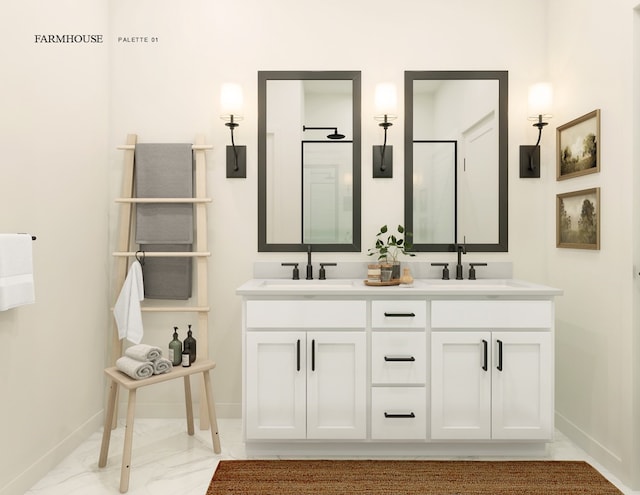 bathroom featuring double vanity, baseboards, marble finish floor, and a sink