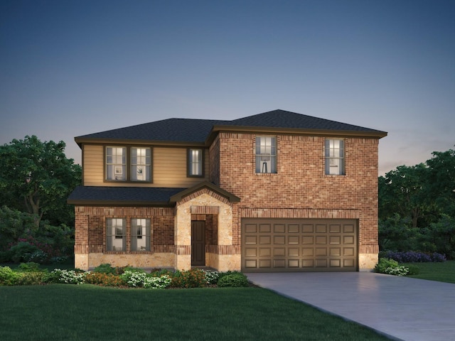 view of front of house featuring a lawn, driveway, roof with shingles, a garage, and brick siding