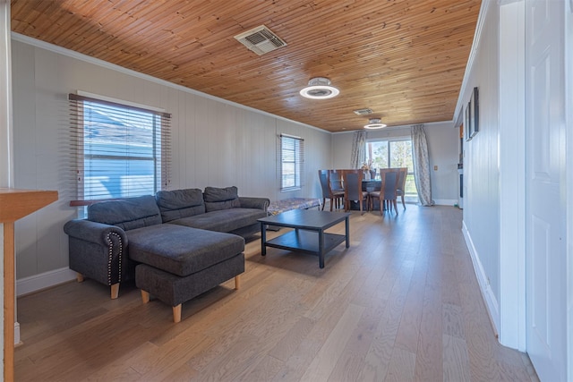 living area featuring crown molding, wood ceiling, visible vents, and light wood finished floors