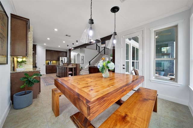 dining room featuring visible vents, recessed lighting, stairway, light tile patterned flooring, and baseboards