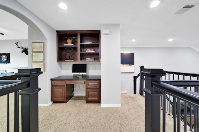 office with light carpet, visible vents, recessed lighting, and built in study area