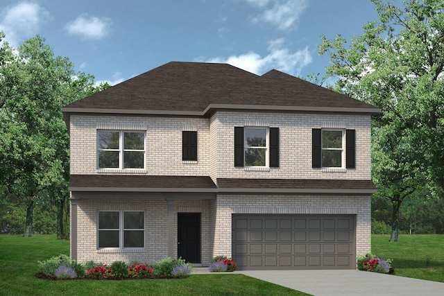 view of front facade with a garage, brick siding, concrete driveway, and a front lawn