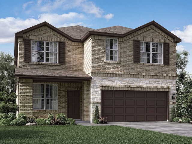 traditional-style home with brick siding, roof with shingles, a garage, stone siding, and driveway