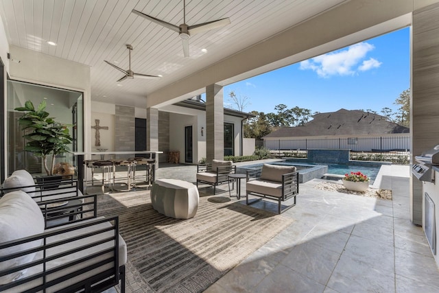 view of patio / terrace with an outdoor living space, a fenced in pool, ceiling fan, a fenced backyard, and an in ground hot tub